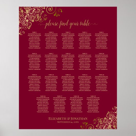 Bourgogne & Gold 19 Wedding Table Seating Chart Poster (Voorkant)