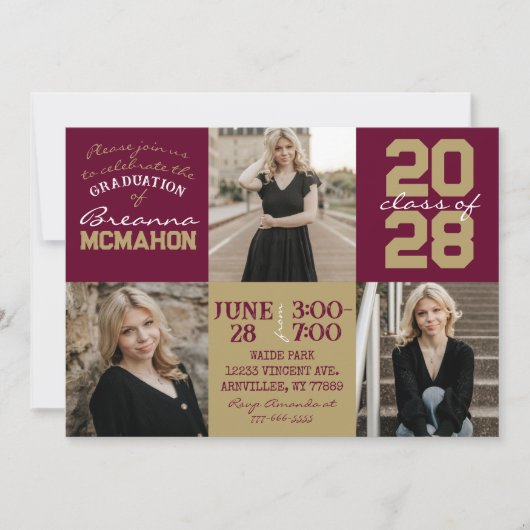 Bourgogne & Gold 3 Foto Afstuderen Uitnodiging (Voorkant)