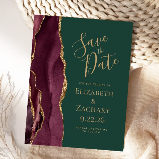 Bourgogne Gold Agaat Emerald Green Save the Date Aankondigingskaart