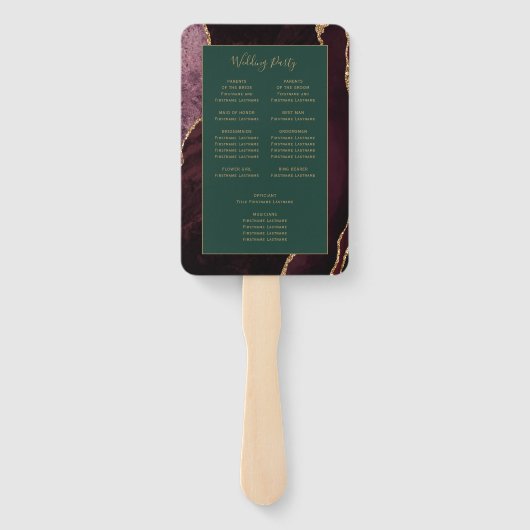 Bourgogne Gold Agaat Green Wedding Programma Handwaaier (Achterkant)