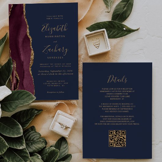 Bourgogne Gold Agaat Navy Blue QR Code Wedding Kaart