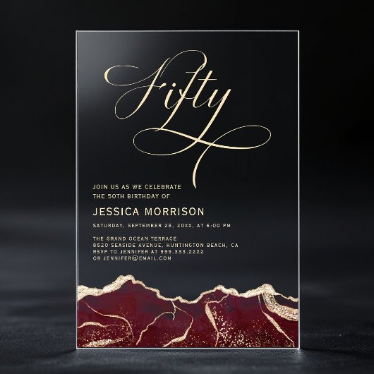 Bourgogne Gold Agate 50e Vijftig Verjaardagsfeest Acryl Uitnodigingen