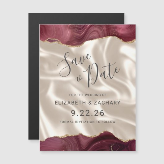 Bourgogne Gold Agate Ivory Silk Save the Date Magnetische Uitnodiging (Voorkant / Achterkant)