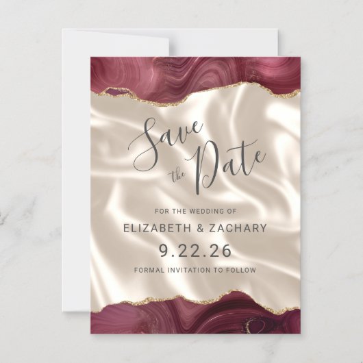 Bourgogne Gold Agate Ivory Silk Save the Date Magnetische Uitnodiging (Voorkant)