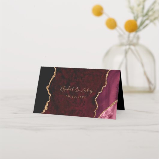 Bourgogne Gold Agate Script Trouwtafel Plaatskaartje (Achterkant)