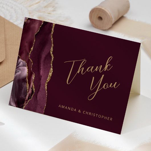 Bourgogne Gold Agate Script Wedding Bedankt Kaart