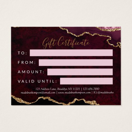 Bourgogne Gold Agate Zakelijk Cadeaubon Visitekaartje (Achterkant)