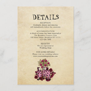 Bourgogne Gold Alice in Wonderland Wedding Details Informatiekaartje