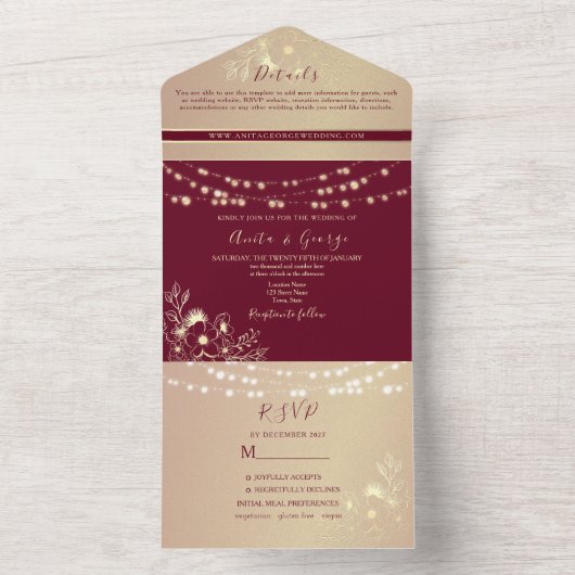 Bourgogne Gold All-in-One Huwelijksuitnodiging All In One Uitnodiging (Binnen)