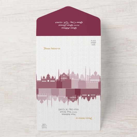 Bourgogne & Gold Arabian Quinceañera All In One Uitnodiging (Buitenkant)