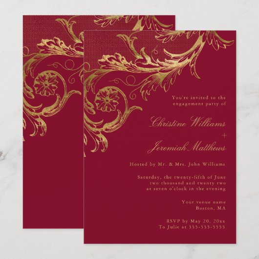 Bourgogne Gold Damask Engagement Party Kaart (Voorkant / Achterkant)