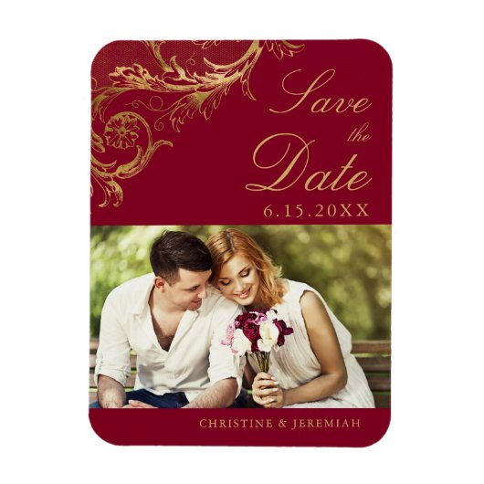 Bourgogne Gold Damask Foto Save the Date Magneet (Verticaal)