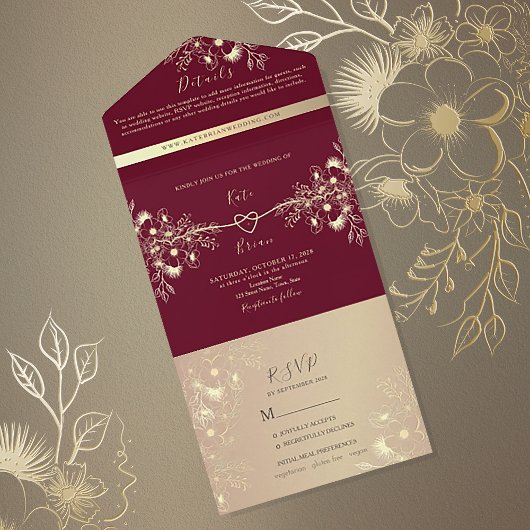 Bourgogne Gold Fall Wedding All In One Uitnodiging