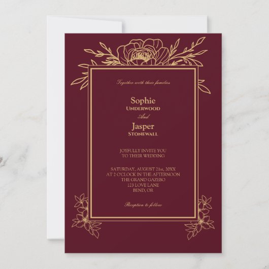 Bourgogne Gold Floral Simple Wedding Invitation Kaart (Voorkant)