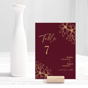 Bourgogne Gold Floral Wedding Table Number Kaart