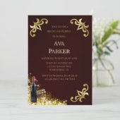 Bourgogne Gold Flourish Glitter Brunch & Bubbly Kaart (Staand voorkant)