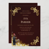 Bourgogne Gold Flourish Glitter Brunch & Bubbly Kaart (Voorkant / Achterkant)