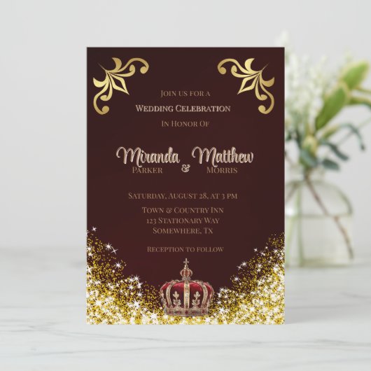 Bourgogne Gold Flourish Glitter Royal Wedding Kaart (Staand voorkant)