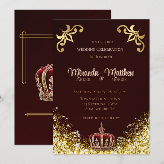 Bourgogne Gold Flourish Glitter Royal Wedding Kaart (Voorkant / Achterkant)