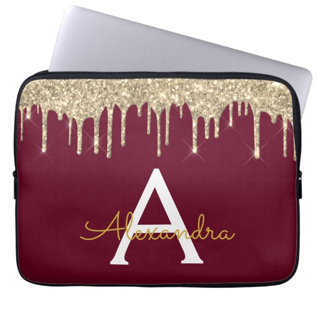 Bourgogne Gold Glitter Sparkle Monogram Laptop Sleeve (Voorkant)