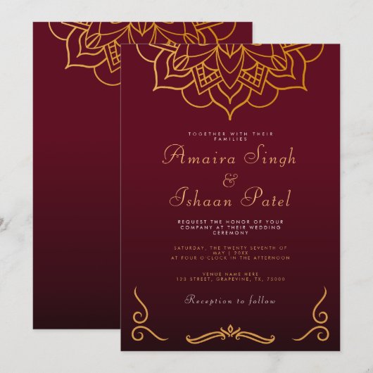 Bourgogne Gold Mandala Etnische Night Indian Weddi Kaart (Voorkant / Achterkant)