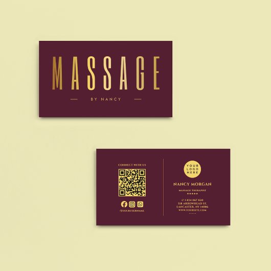Bourgogne & Gold Massagetherapeut QR Code Logo Visitekaartje