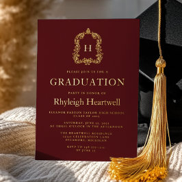 Bourgogne Gold Monogram Crest Graduation Party Folie Uitnodiging