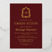 Bourgogne Gold Monogram Crest Graduation Party Folie Uitnodiging (Voorkant)