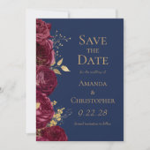 Bourgogne Gold Navy Blue Floral Save the Date Aankondiging (Voorkant)