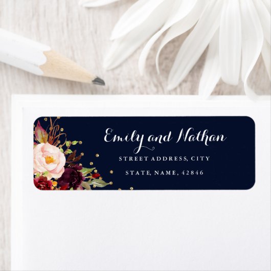 Bourgogne Gold Navy Floral Retouradres Label (Insitu)