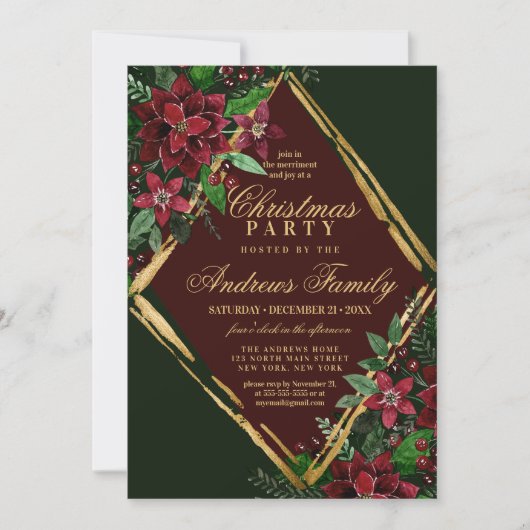 Bourgogne Gold Poinsettia Floral kerstfeest Kaart (Voorkant)