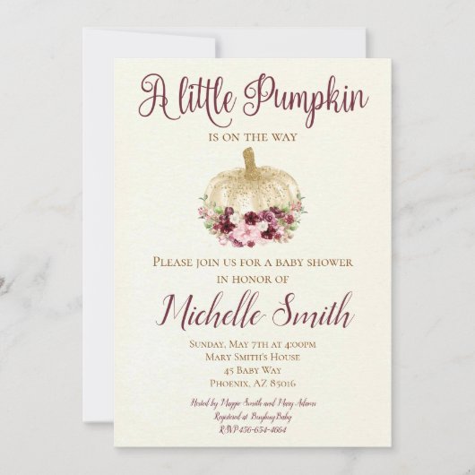 Bourgogne Gold Pumpkin Boho Baby shower Uitnodigin Kaart (Voorkant)