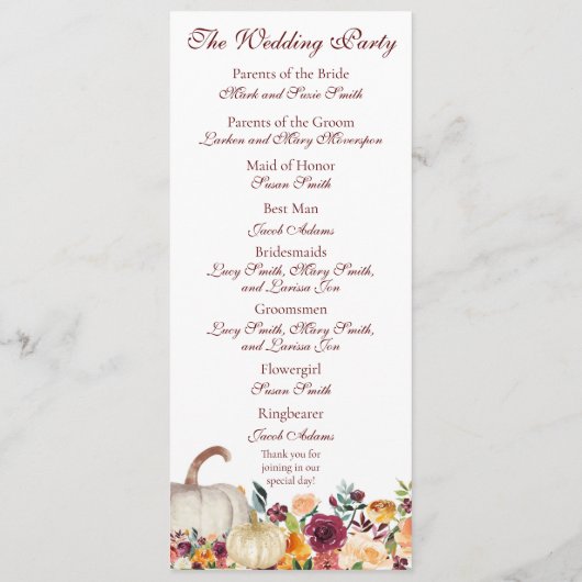 Bourgogne Gold Pumpkin Herfst herfst bruiloft Programmakaart (Achterkant)