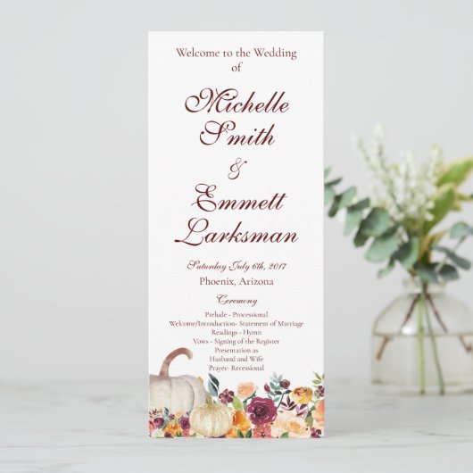 Bourgogne Gold Pumpkin Herfst herfst bruiloft Programmakaart (Staand voorkant)