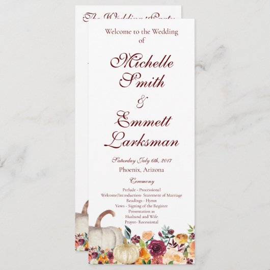 Bourgogne Gold Pumpkin Herfst herfst bruiloft Programmakaart (Voorkant / Achterkant)