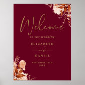 Bourgogne Gold Rustic Floral Wedding Welkomstbord Poster (Voorkant)