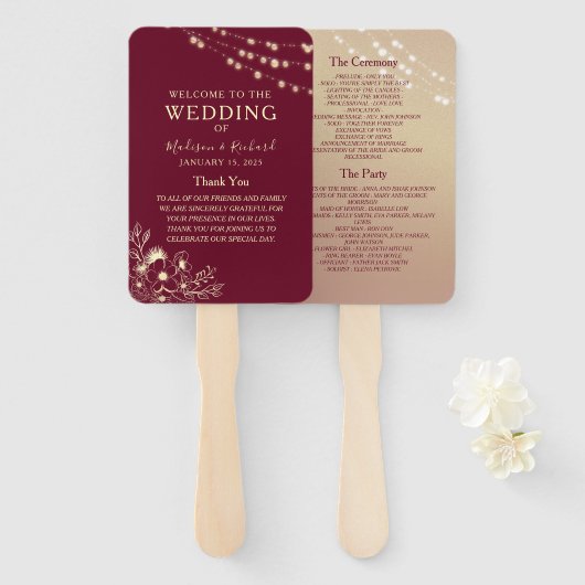 Bourgogne Gold Wedding Program Fan Handwaaier (Voorkant en achterkant)