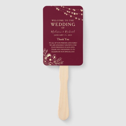 Bourgogne Gold Wedding Program Fan Handwaaier (Voorkant)