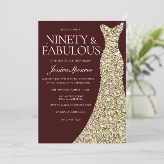 Bourgogne Golden Dress 90 & Fabulous 90th Birthday Kaart (Staand voorkant)