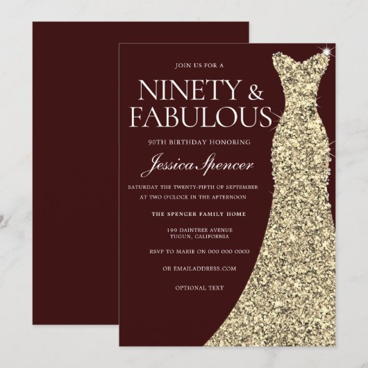 Bourgogne Golden Dress 90 & Fabulous 90th Birthday Kaart (Voorkant / Achterkant)