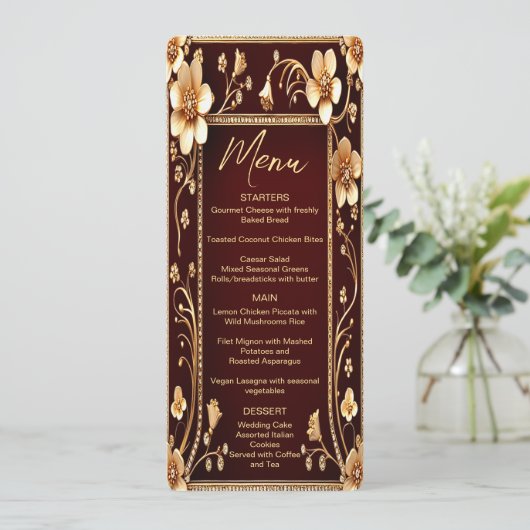 Bourgogne Golden Flowers Wedding Menu (Staand voorkant)