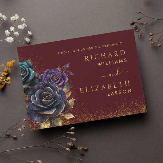 Bourgogne Gotisch Roos Glitter Bruiloft Uitnodigin Kaart