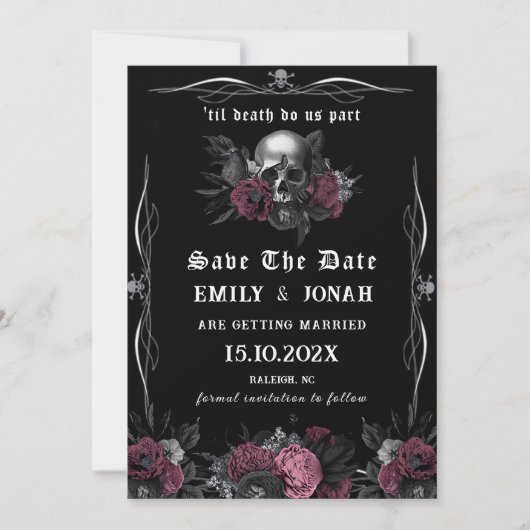 Bourgogne Gotische Bloemen Schedel bruiloft Save T Kaart (Voorkant)