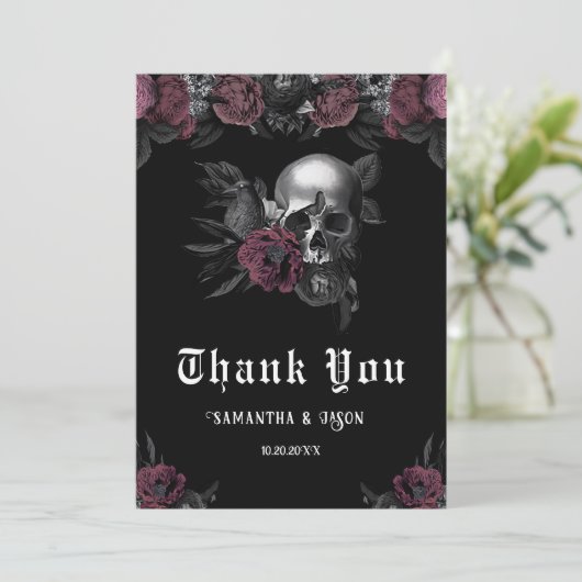 Bourgogne Gotische Bloemen Schedel Halloween Bruil Bedankkaart (Staand voorkant)