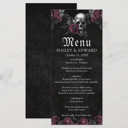 Bourgogne Gotische Bloemen Schedel Halloween Bruil Menu (Voorkant / Achterkant)
