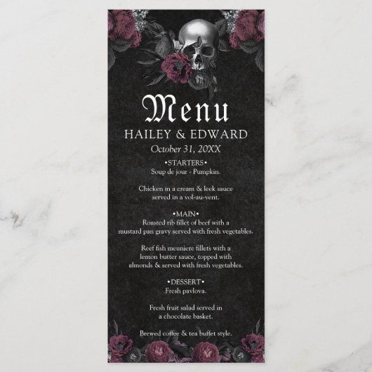 Bourgogne Gotische Bloemen Schedel Halloween Bruil Menu (Voorkant)