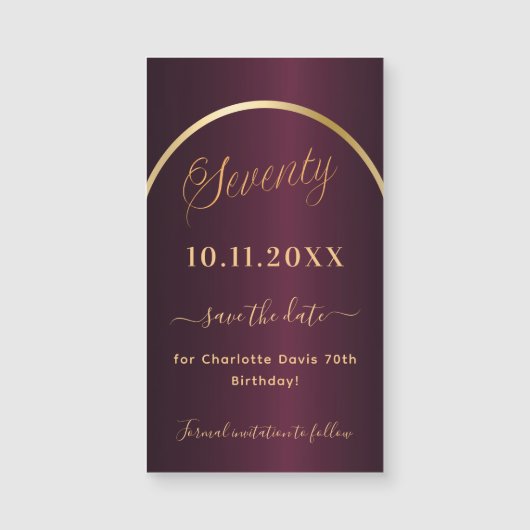 Bourgogne goud 70e verjaardag Save the Date magnee (Voorkant)