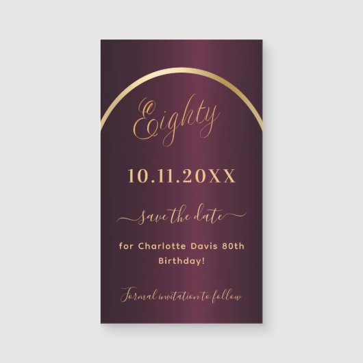 Bourgogne goud 80e verjaardag Save the Date magnee (Voorkant)