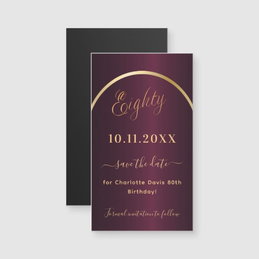 Bourgogne goud 80e verjaardag Save the Date magnee (Voorkant / Achterkant)