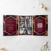 Bourgogne Goud Abstract Vloeibare Inkt QR Code Bru Drieluik Uitnodiging (Binnen)